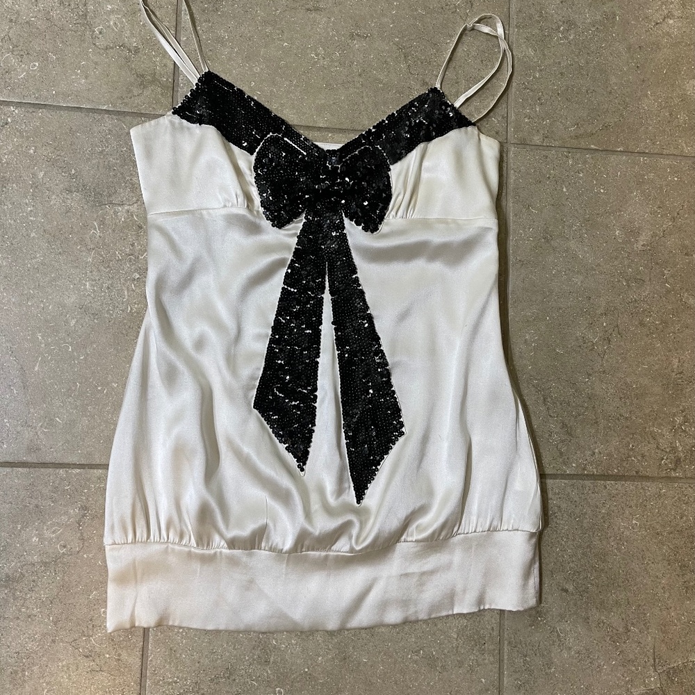 Bebe White Silk Camisole Top Black Sequins Bow